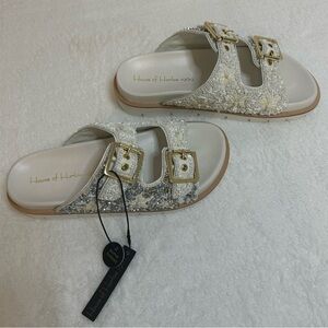 *New* House of Harlow 1960 Cream/Gray and Gold Embellished and Beaded Sandals